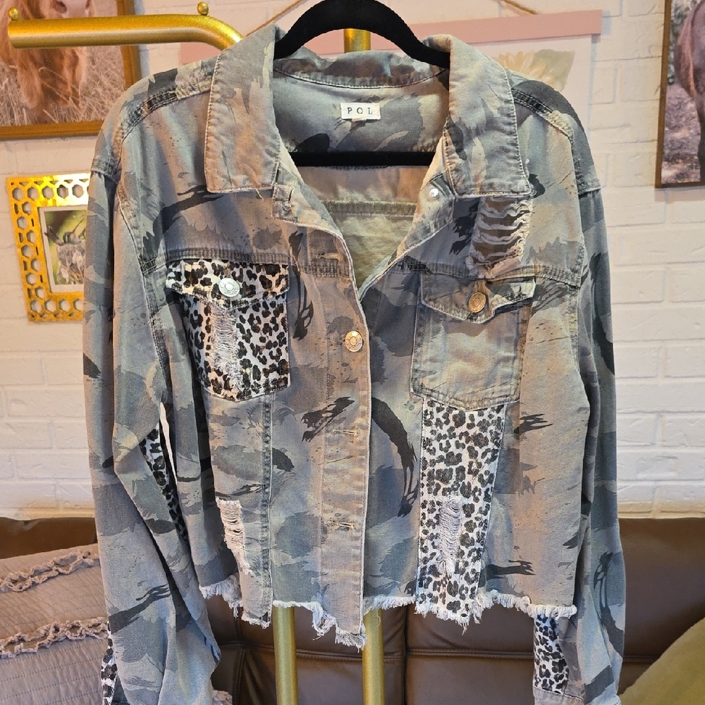 POL Women's Distressed Camo and Leopard Jean Jacket